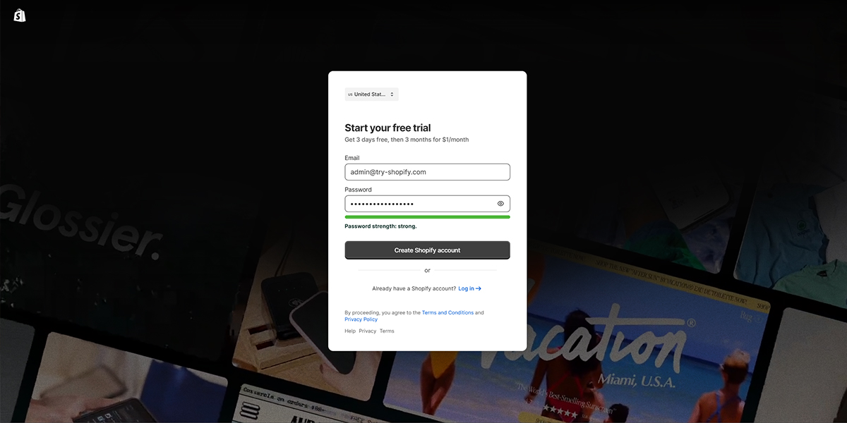 Shopify account registration page